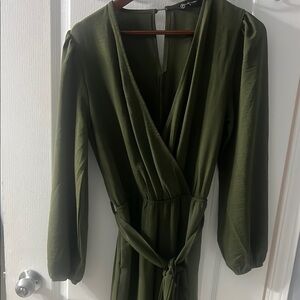 Green Wrap Jumpsuit with Bishop Sleeves and V-Neck